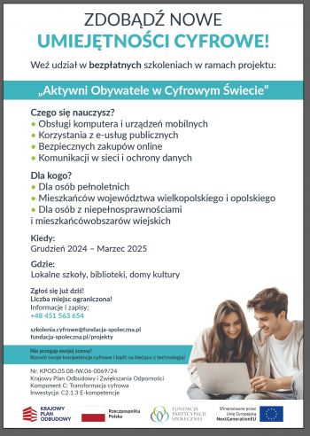 We udzia w bezpatnych szkoleniach cyfrowych w ramach projektu...